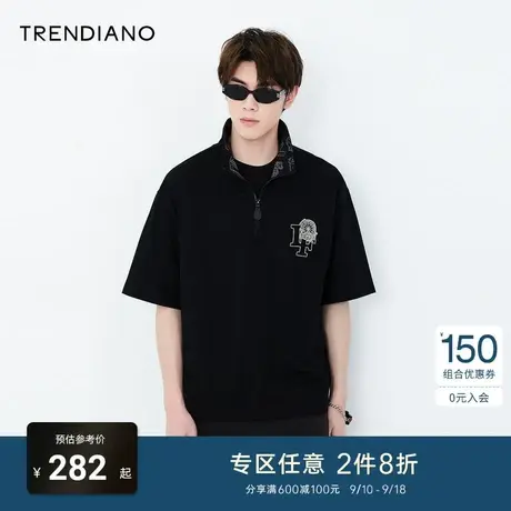 TRENDIANO夏季新款时尚休闲百搭宽松翻领短袖半拉链Polo衫男商品大图