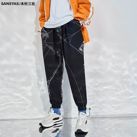 木村三社SANSYAS 地图绘制印花新款休闲长裤美式束脚秋季黑色卫裤商品大图
