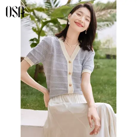 OSA欧莎小香风冰丝镂空短袖针织衫女夏季2023年新款V领显瘦薄上衣商品大图