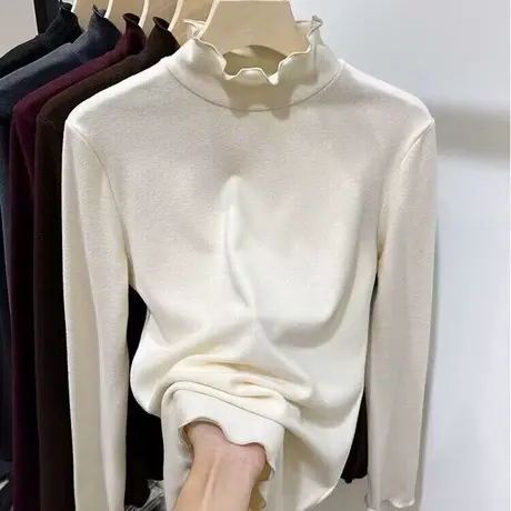 2024新款木耳边半高领长袖T恤女冬季双面德绒内搭修身打底上衣潮商品大图