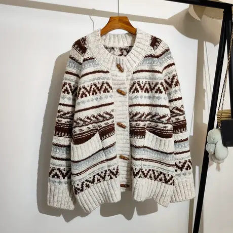 民族风毛衣外套女中长款秋冬新款宽松慵懒风圆领针织开衫加厚上衣商品大图