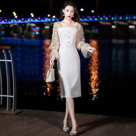 晚礼服女宴会气质2023新款女士长袖中长款香槟色高级感高端连衣裙图片