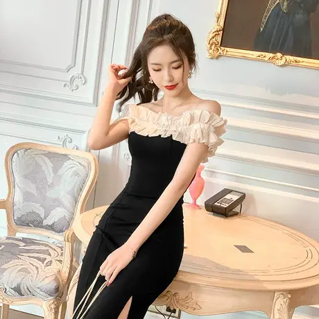 一字肩连衣裙女露锁骨法式复古赫本风小黑裙气质包臀开叉礼服裙子图片