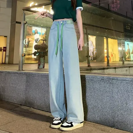 唐狮24春季新款牛仔裤女高腰显瘦抽绳阔腿裤时尚韩版潮流高街裤子图片