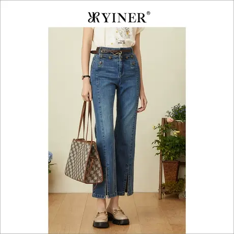 YINER音儿女装2022夏季新款前开叉修身高腰牛仔喇叭裤商品大图