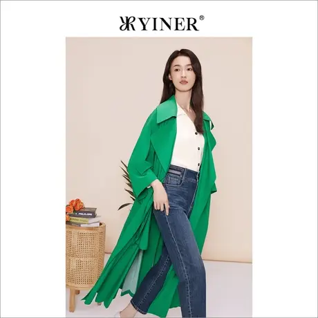 YINER音儿女装春季复古大翻领双排扣长款风衣绿色外套商品大图