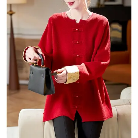 宝诗黎国风提花拼接毛衣2024春季新款气质宽松红色百搭针织上衣女图片