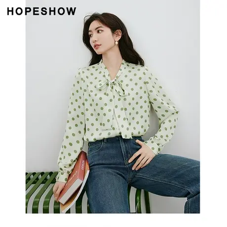 红袖俏皮波点法式衬衫hopeshow2024春季新款泡泡袖飘带领宽松上衣图片