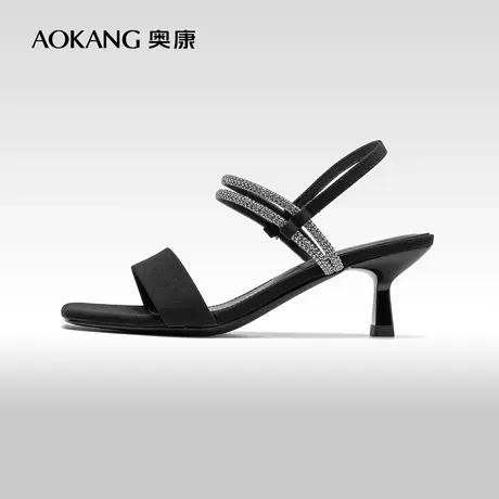 奥康女鞋 夏季新款水钻法式高跟鞋露趾百搭晚晚风时装女凉鞋商品大图