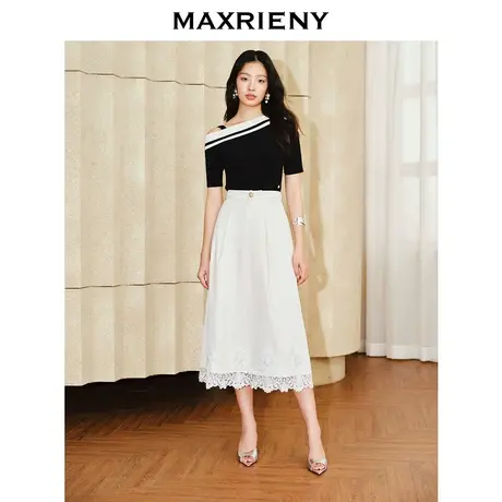 MAXRIENY优雅复古感绣花饰边A字半裙2024春季新品蕾丝花边裙子图片