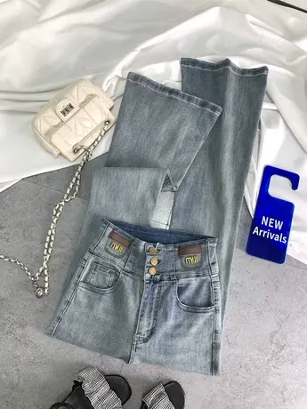 美式复古做旧排扣哦牛仔喇叭裤女2024春夏新款显瘦百搭高腰弹力裤图片