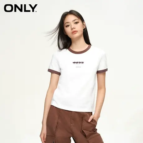 ONLY2024春季新款时尚百搭舒适撞色螺纹圆领短款T恤女|124101082商品大图