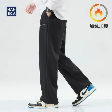 hansca重磅休闲裤男冬季加绒加厚美式直筒宽松大码运动阔腿拖地裤商品大图