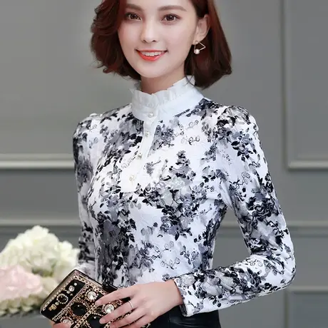 秋季女装2023新款蕾丝打底衫女长袖t恤秋冬装加绒加厚保暖上衣服商品大图