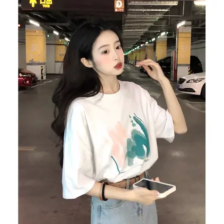 夏季新款白色独特半袖中长款别致t恤女小衫2024韩版宽松显瘦上衣图片