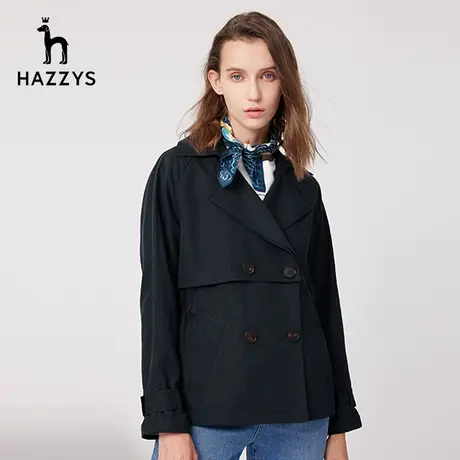 Hazzys哈吉斯宽松短款双排扣英伦风衣女士新款春秋季休闲轻便外套图片
