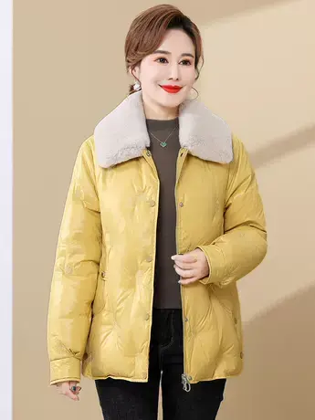 雪中飞羽绒服2023年冬季新款妈妈装短款毛领洋气刺绣宽松外套图片