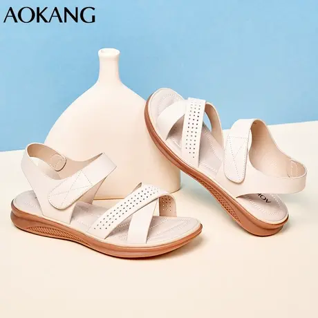 奥康女鞋真皮妈妈凉鞋女新款夏季平底防滑软底魔术贴日常百搭女鞋商品大图