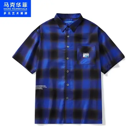 商场同款马克华菲渐变格短袖衬衫男23夏季新款贴布绣潮流宽松上衣图片