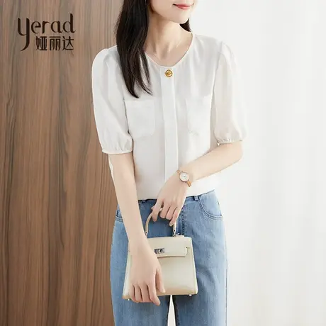 娅丽达白色衬衫女夏季2023年新款时尚圆领雪纺衫休闲薄款短袖衬衣商品大图