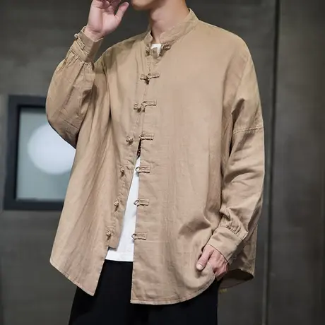中式衬衫男春秋2023新款宽松棉麻中国风男装文艺复古唐装盘扣衬衣商品大图