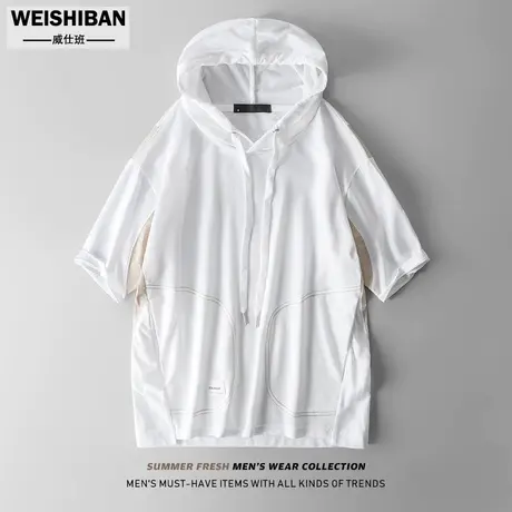 夏季连帽个性拼接贴布短袖男帽衫潮流拼布套头缉明线多口袋卫衣男商品大图