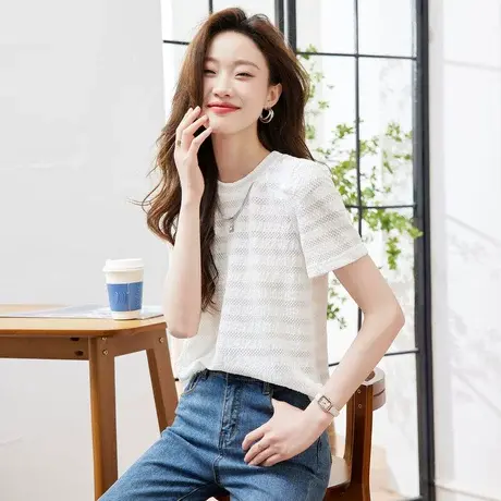时尚气质淑女圆领短袖T恤2023年夏季新款温柔甜美宽松显瘦上衣商品大图
