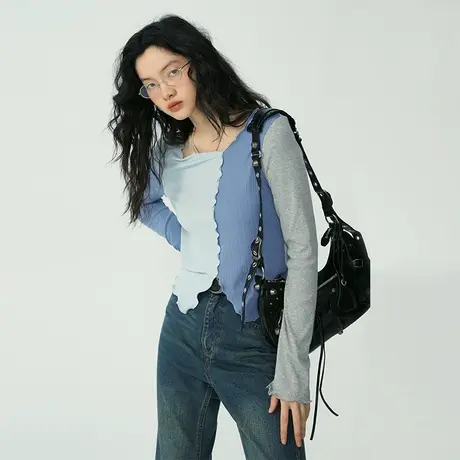 omont蛋挞家 拼接长袖打底T恤女春季2023新款短款设计感修身上衣商品大图