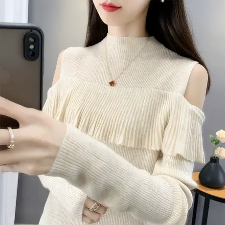 半高领修身套头打底衫秋装女2023年新款内搭长袖露肩洋气针织衫商品大图