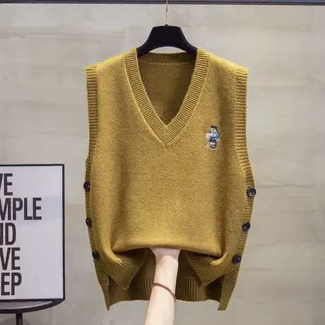 v领针织马甲背心女2023秋装新款宽松外穿马夹绣花开叉毛衣坎肩潮商品大图