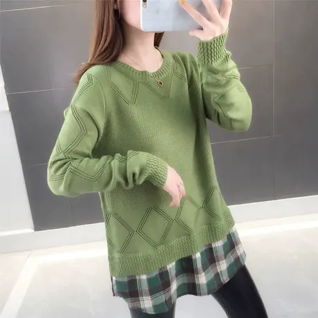 春秋装新款套头毛衣女上衣长袖格子衬衫假两件套打底针织衫宽松图片