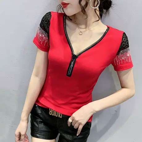 性感V领拉链T恤女短袖夏装蕾丝拼接上衣洋气修身显瘦半袖小衫女潮商品大图