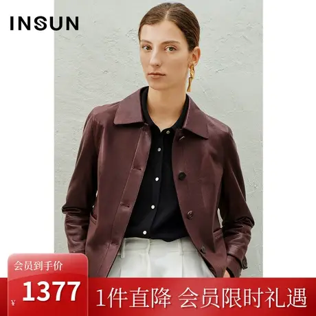 恩裳2023年春款新款自然摔纹绵羊皮经典牛角扣皮衣短外套商品大图