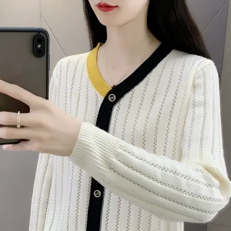 秋装新款2023年拼色v领套头针织衫女士早秋外穿短款镂空薄款毛衣图片
