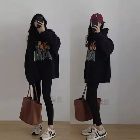 纯棉黑色连帽卫衣女中长款遮屁股2023新款秋冬冬宽松配鲨鱼裤外套图片