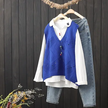 复古文艺镂空V领棉线马甲女背心春秋季外搭无袖毛衣马夹宽松坎肩商品大图