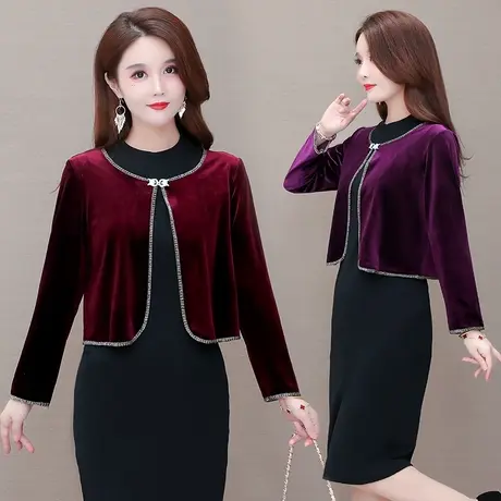 旗袍披肩女春秋妈妈长袖短款开衫外套金丝绒保暖百搭坎肩外搭披风图片