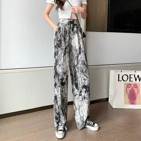 抖音网红同款舞蹈动感裤高腰系带垂感国潮水墨画雪纺阔腿长裤直筒商品大图