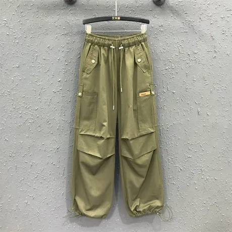 2023秋季新款工装裤女高腰系带显瘦贴布宽松长款直筒裤束脚裤潮商品大图