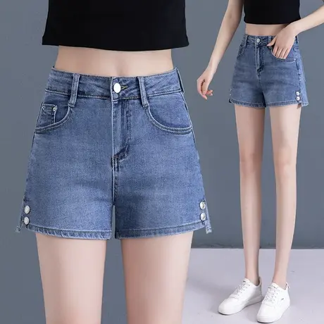 高腰牛仔短裤女夏季蓝色高腰修身直筒裤2023小个子不规则A字热裤图片