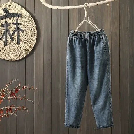 枫谜2021年夏季新款文艺复古口袋牛仔九分裤女宽松薄款牛仔哈伦裤图片