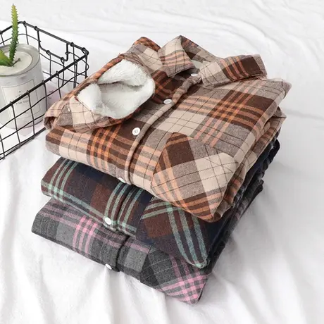 秋冬季新款复古文艺保暖衬衫女秋冬韩版拼色格子加厚加绒打底衬衣图片