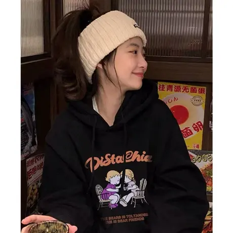 美式复古oversize潮牌卫衣女2023春秋薄款宽松慵懒风上衣连帽外套商品大图