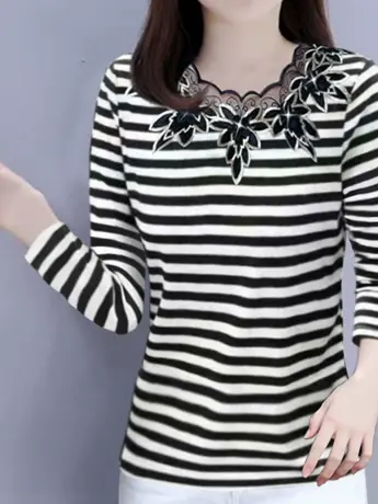 条纹打底衫女长袖早春秋冬妈妈装加大码韩版洋气宽松t恤慵懒上衣商品大图