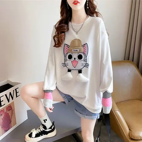 长袖t恤女秋冬韩版宽松大码女装中长款加绒加厚磨毛上衣服打底衫图片