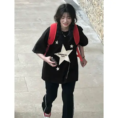 纯棉星星刺绣贴布短袖t恤女夏季潮牌设计感小众美式复古宽松上衣商品大图