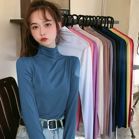 欧洲站高领德绒打底衫双面绒保暖内衣秋冬大码网红长袖加绒T恤ins商品大图