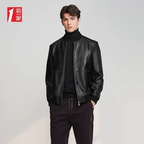 海一家简约棒球领外套2023秋季新款休闲经典有型品质羊皮夹克男商品大图