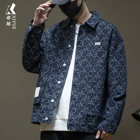 希越痞帅炸街牛仔外套男秋冬宽松大码男士小香风潮流加绒加厚夹克图片