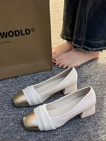 法式浅口玛丽珍单鞋女2023新款春夏季一脚蹬配裙子方头粗跟高跟鞋图片